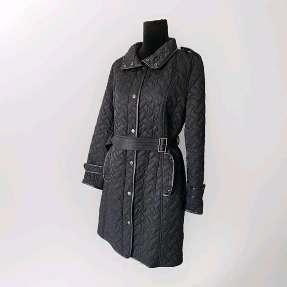 Cole Haan Quilted Coat Black Belted Trench Jacket W/ Lamb Skin Trim Women's L - Picture 2 of 9